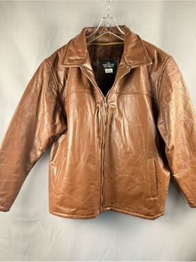 Vintage Brown Leather Jacket XL Patchwork Plush Lined 90s Coat